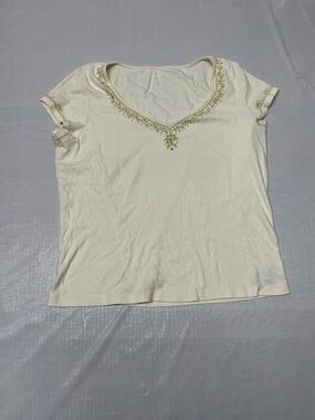 High Sierra Cream Scoop Neck Short Sleeve Top with Beaded Detail
